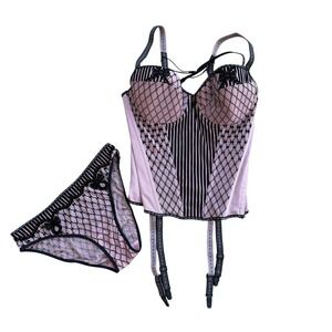 Marlies Dekkers Pink Corset Lingerie Set Floral Lace Garter Straps Size 32D S